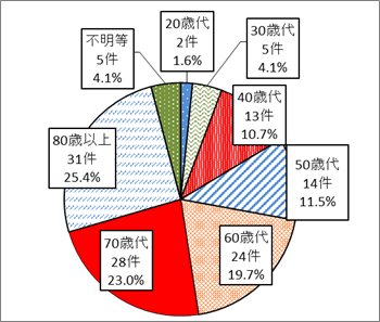 未成年者0件　20歳代2件　30歳代5件　40歳代13件　50歳代14件　60歳代24件　70歳代28件　80歳以上31件　不明等5件